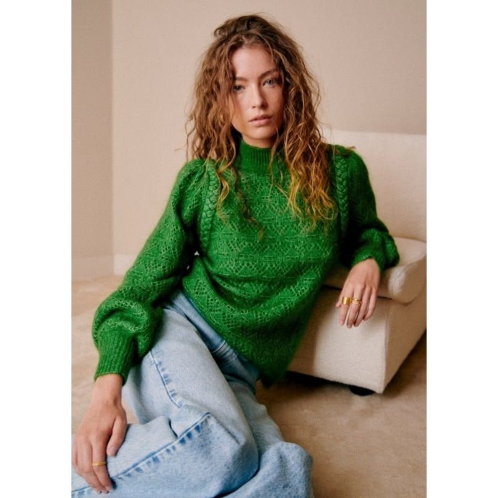 Sezane Anneka Jumper Sweater S Kid Mohair Wool Blend Pointelle Knit Braided Puff